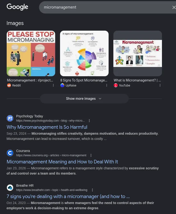 Google search results for 'Micromanagement'