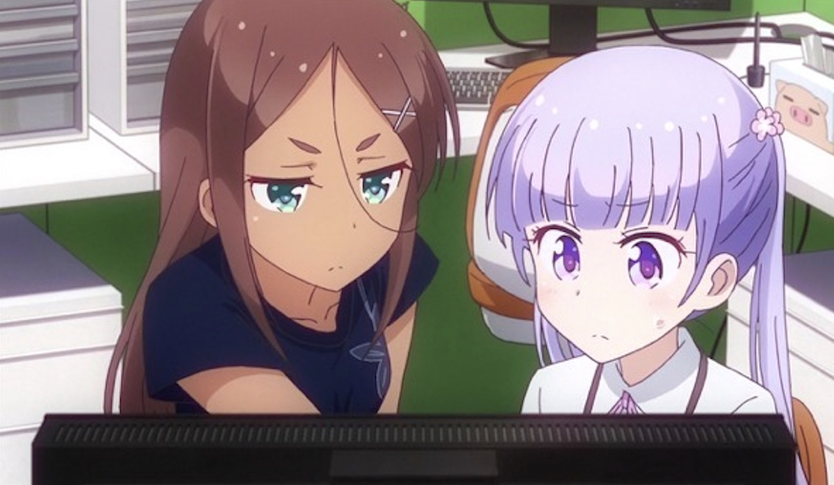 Two anime girls from New Game! looking at a monitor