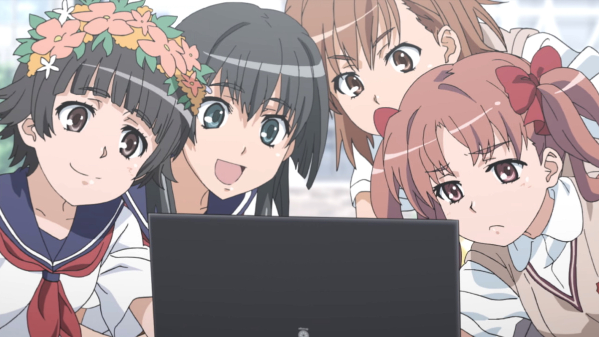 Screencap from A Certain Scientific Railgun, where girls are crowded around a laptop screen