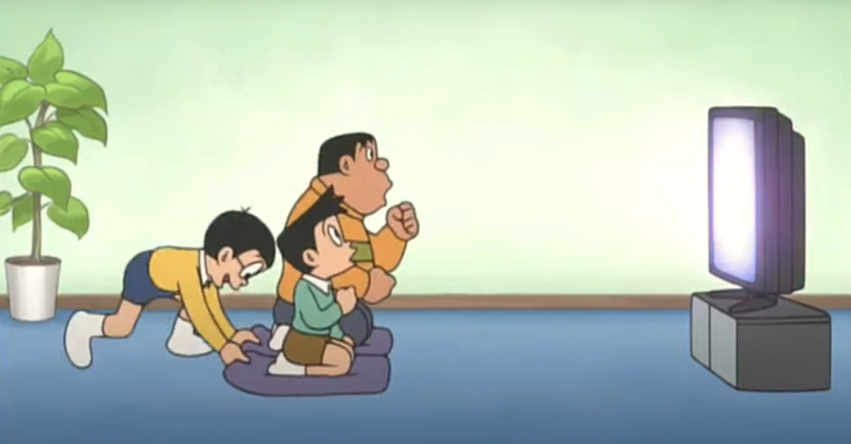 Characters from Doraemon watching a TV from across the room